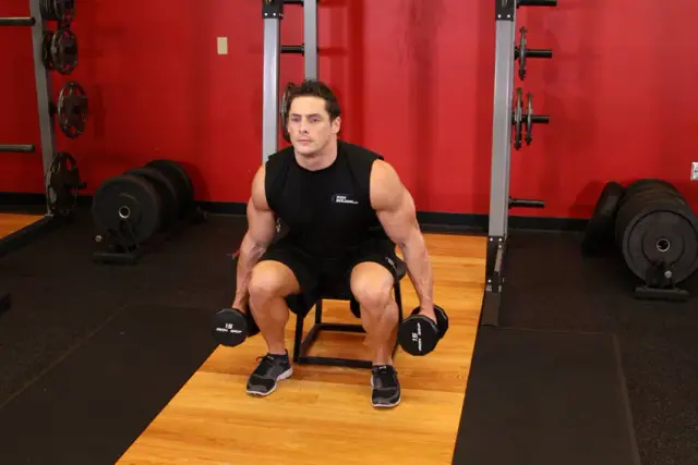 Dumbbell Squat To A Bench — End