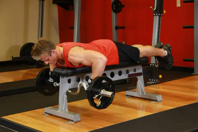 Lying Cambered Barbell Row — End
