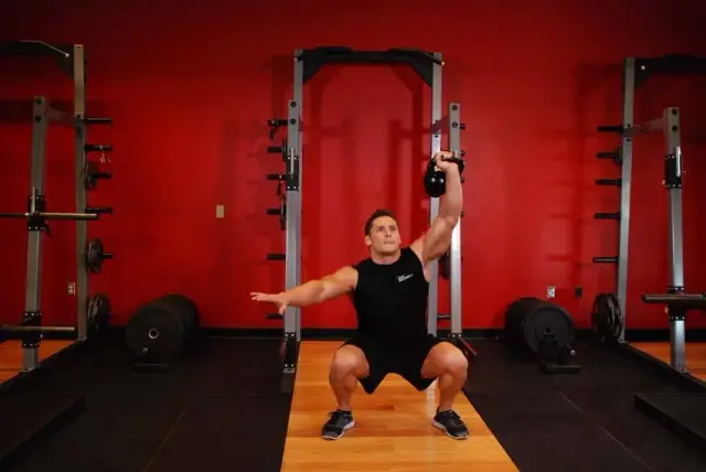 One-Arm Overhead Kettlebell Squats — End