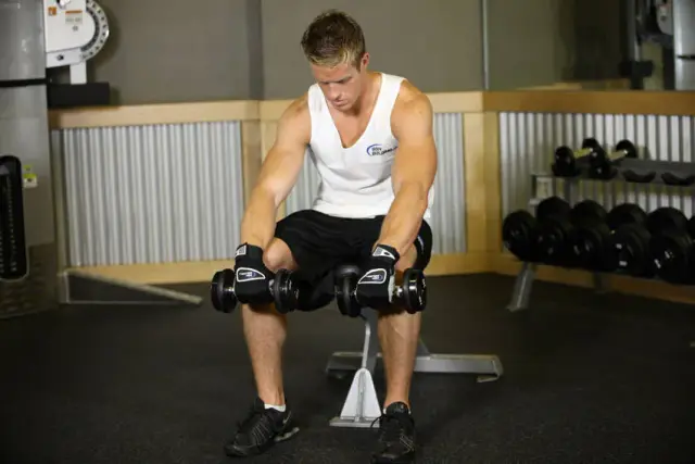 Seated Dumbbell Palms-Down Wrist Curl — Start
