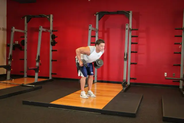 Standing Bent-Over Two-Arm Dumbbell Triceps Extension — Start