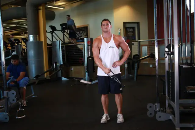 Standing Low-Pulley Deltoid Raise — End