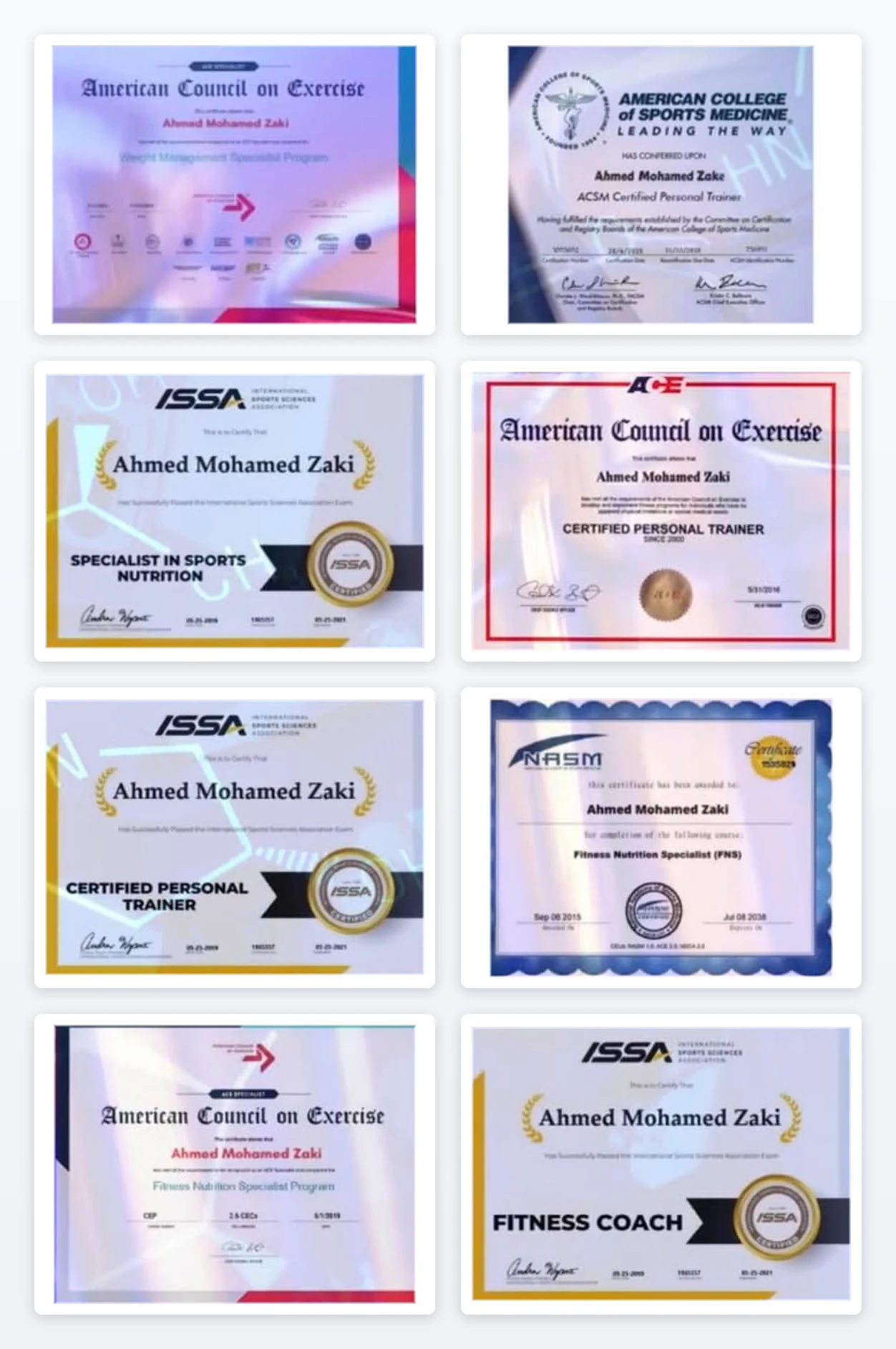 The eight professional certifications of Ahmed Zake — ACSM, ACE, ISSA and NASM certificates, shown as issued